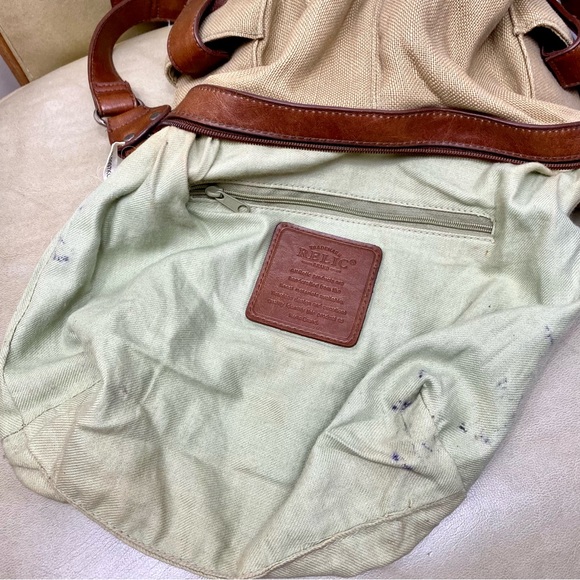 Relic By Fossil Tan Burlap Brown Leather Shoulder Bag Purse Canvas Handbag Tote - Picture 13 of 15